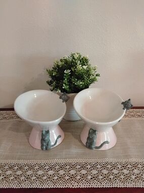 Pair of Pink Ceramic Cat Bowls